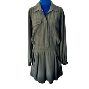 Madison Marcus 100% Silk Olive Safari Cargo Dress Utility Gorpcore Preppy Travel